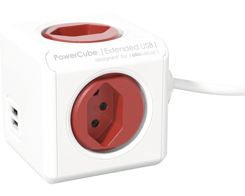 Bloc multiprise Powercube Extended Allocacoc 4 x T13 2 x USB-A 1.5 m blanc rouge