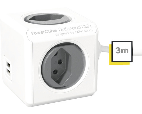 Steckdosenleiste Powercube Extended Allocacoc 4 x T13 2 x USB-A 3 m weiss grau Powercube Steckdosenwürfel mit USB-Anschlüssen und drei Meter Kabel