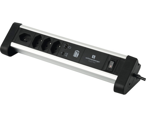 Steckdosenleiste Schönenberger 4 x T13 1 x USB-C 1 x USB-A 2 m mit Schalter silber schwarz