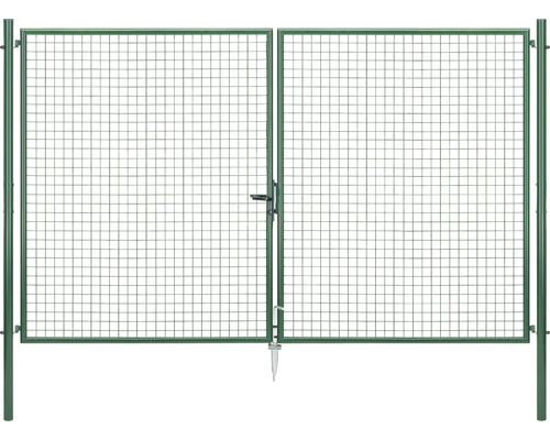 Portail double à grille ondulée ALBERTS 304,4 x 200 cm avec poteau 7,6 x 7,6 cm phosphaté au zinc vert