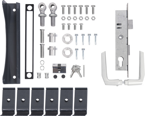 Kit de ferrures pour porte coulissante avec serrure, poignée et matériel de fixation