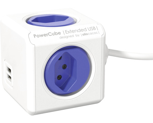 Steckdosenleiste Powercube Extended Allocacoc 4 x T13 2 x USB-A 1.5 m weiss blau PowerCube Steckdosenwürfel mit USB-Anschlüssen und Verlängerungskabel