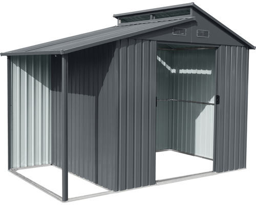 Abri de jardin métallique avec entrée ouverte