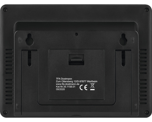 Dos d''une station météo avec dispositif de suspension et informations du fabricant TFA Dostmann