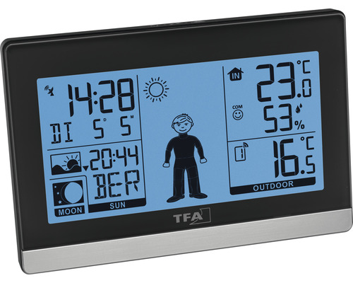 Station météo TFA Dostmann avec affichage de la température intérieure et extérieure