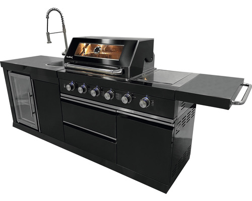 Komplette schwarze Grillküche mit Spüle, Kühlschrank, Kochfeld und Grill