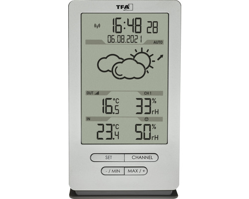 Station météo TFA avec affichage de l''heure, de la date, de la température et de l''humidité