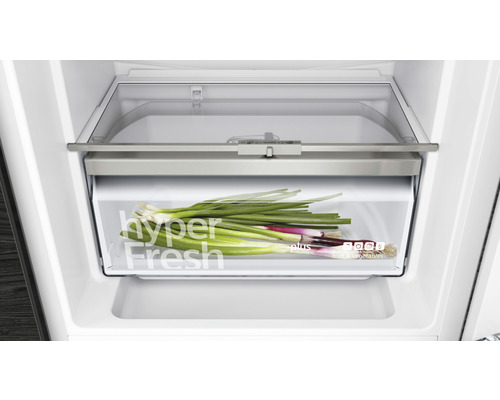 Bac à légumes dans un réfrigérateur avec des oignons nouveaux