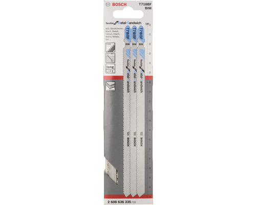 Lames de scie sauteuse Bosch T718BF BIM, adaptées aux matériaux sandwich métalliques, en pack de trois