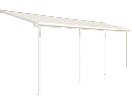 Toit de terrasse autoportant avec toit transparent et poteaux de support.