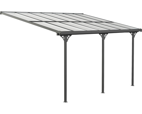 Terrassenüberdachung mit transparentem Dach und drei Stützpfosten.