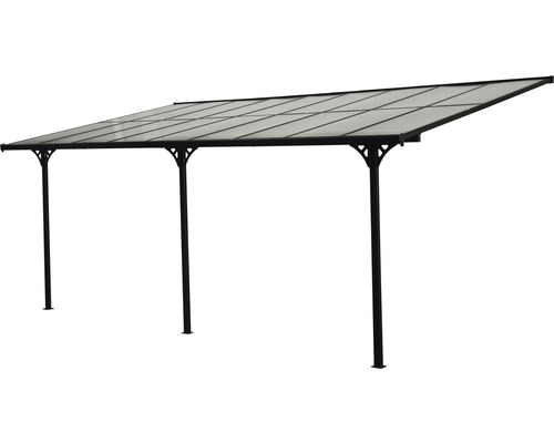 Auvent avec toit transparent et quatre piliers de soutien