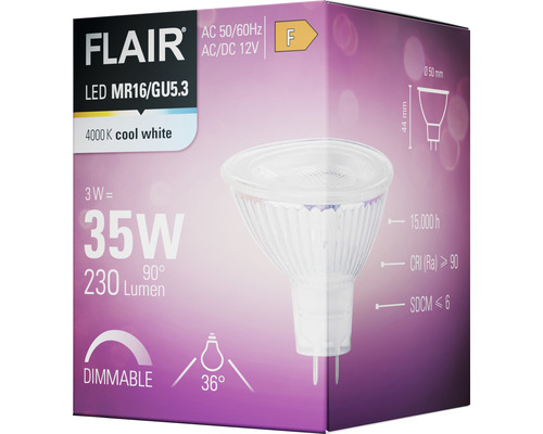 Verpackung einer dimmbaren Flair LED Lampe MR16/GU5.3 mit kaltweissem Licht