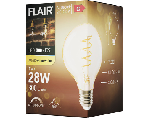 Verpackung einer Flair LED Lampe G80 mit E27 Fassung, 2200 K warmweiß, 4 Watt entspricht 28 Watt, 300 Lumen, nicht dimmbar