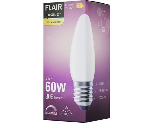 Ampoule LED FLAIR C35 E27, 6 watts, blanc chaud, variable