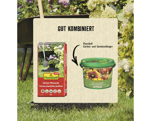 Terreau de jardinage FloraSelf et engrais pour jardin et légumes FloraSelf, bien combinés pour le jardin