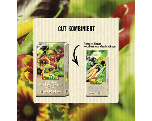 Empfohlene Kombination: FloraSelf Hochbeeterde und FloraSelf Nature Hochbeet- und Gemüsedünger