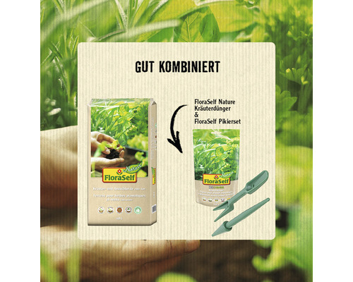 FloraSelf Nature Kräuterdünger und FloraSelf Pikierset in Kombination