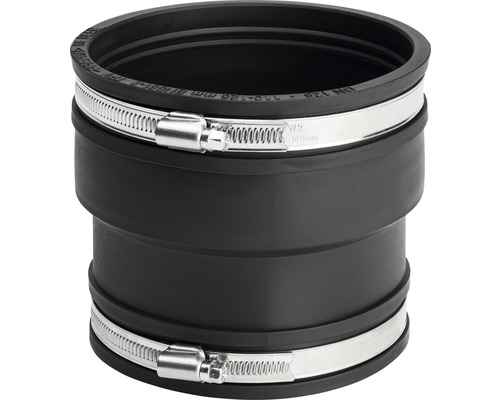 Schwarze Rohrmuffe mit zwei Schlauchschellen zur Verbindung von Rohren