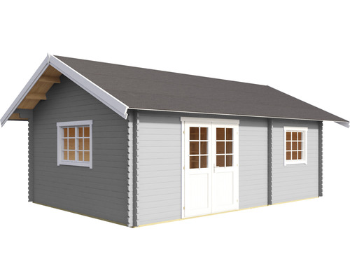 Abri de jardin gris avec fenêtres et porte double