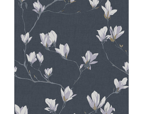 Papier peint intissé 113355 Laura Ashley Magnolia Grove bleu Papier peint avec des fleurs de magnolia sur des branches