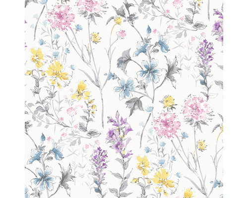 Papier peint intissé 113363 Laura Ashley Wild Meadow multicolore Papier peint à fleurs avec motif floral en jaune, bleu, rose et violet