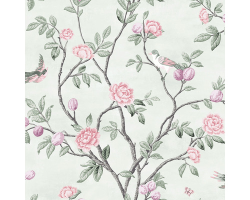 Papier peint intissé 113371 Laura Ashley Eglantine vert Papier peint à motifs de fleurs, d''oiseaux et de fruits