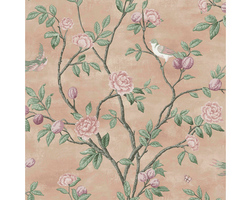 Papier peint intissé 113372 Laura Ashley Eglantine rose vif Papier peint avec fleurs, feuilles, fruits et oiseaux sur des branches