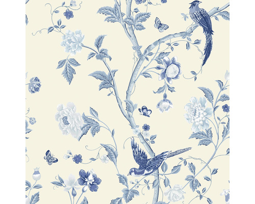 Papier peint intissé 113390 Laura Ashley Summer Palace bleu Papier peint avec motif de fleurs, d''oiseaux et de papillons
