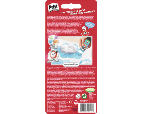 Sticks de colle Pritt avec des variantes de couleurs, informations sur les ingrédients et les instructions d''utilisation.