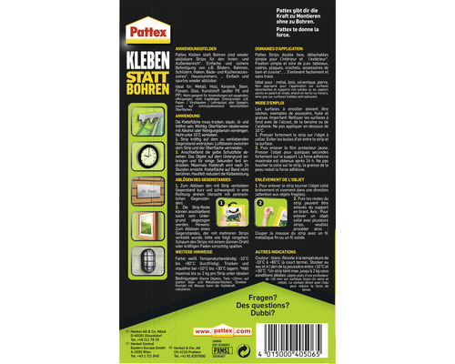 Pattex Kleben statt Bohren Emballage du produit avec des exemples d''application et des instructions