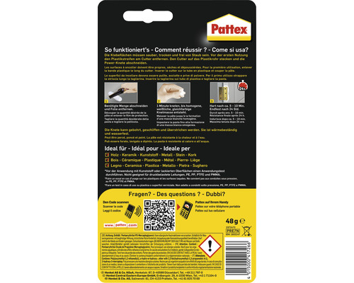 Pattex Power Knete Rückseite mit Anwendungsanleitung und Sicherheitshinweisen