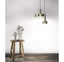 Szene mit einer Pendelleuchte, einer Vase mit Blumen, einer Skulptur auf einem Hocker vor einer Tapete.