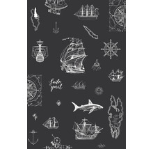 Tissu noir avec motifs nautiques tels que navires, ancres, compas et requins