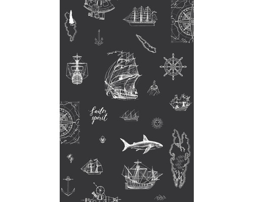 Tissu noir avec motifs nautiques tels que navires, ancres, compas et requins