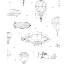 Illustration d''avions, de dirigeables et de ballons sur un motif de tissu.
