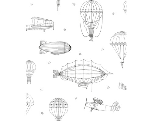Illustration d''avions, de dirigeables et de ballons sur un motif de tissu.