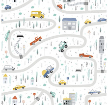 Motif avec illustrations de routes, de véhicules, d''arbres et de bâtiments