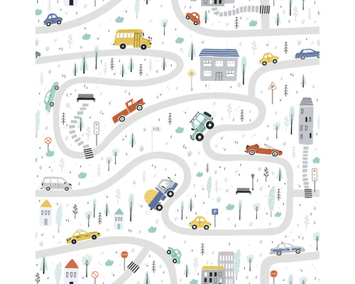 Motif avec illustrations de routes, de véhicules, d''arbres et de bâtiments