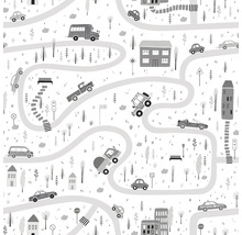 Motif illustré avec des routes, des véhicules et des bâtiments