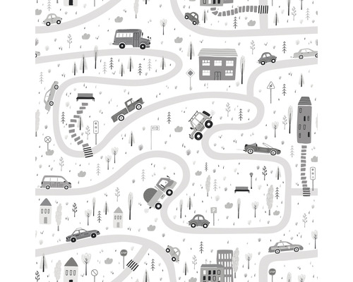 Papier peint intissé 45846 Kids Walls voitures route gris blanc Motif illustré avec des routes, des véhicules et des bâtiments
