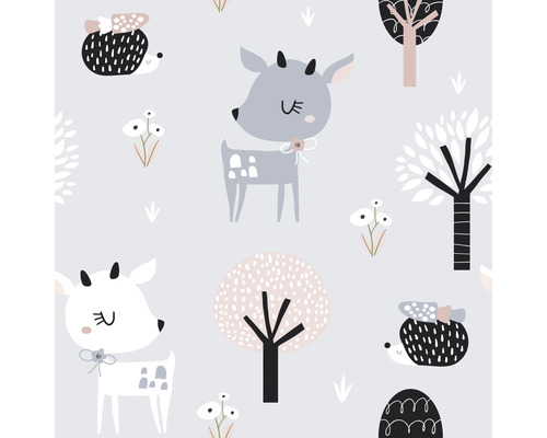 Papier peint intissé 45831 Kids Walls chevreuils hérisson gris rose Motif avec animaux de la forêt et arbres