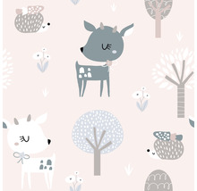 Motif avec des cerfs, des hérissons et des arbres stylisés