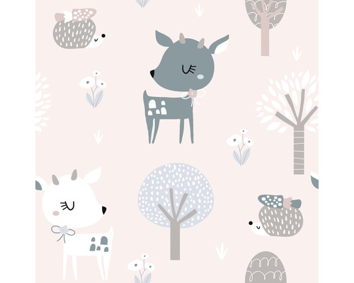 Vliestapete 45836 Kids Walls Rehe Igel rosa blau Muster mit stilisierten Hirschen, Igeln und Bäumen