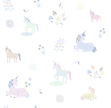 Tissu à motif de licorne avec des fleurs et des champignons