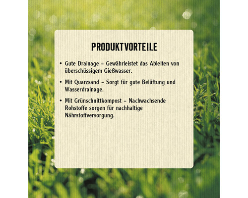 Produktvorteile: Gute Drainage, Quarzsand für Belüftung und Wasserdrainage, Grünschnittkompost für nachhaltige Nährstoffversorgung.