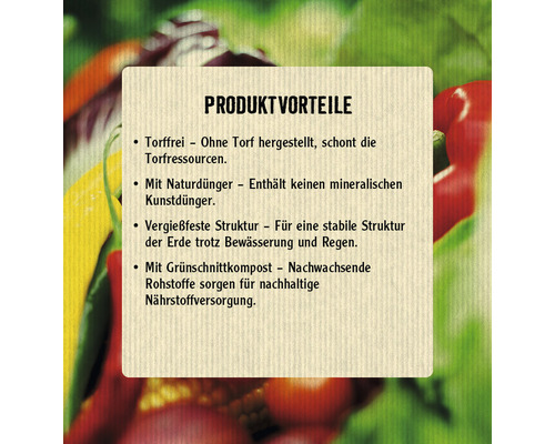 Produktvorteile: torffrei, mit Naturdünger, vergießfeste Struktur, mit Grünschnittkompost