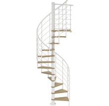 Escalier en colimaçon avec marches en bois et rampe blanche