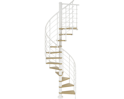 Escalier en colimaçon avec marches en bois et rambarde blanche