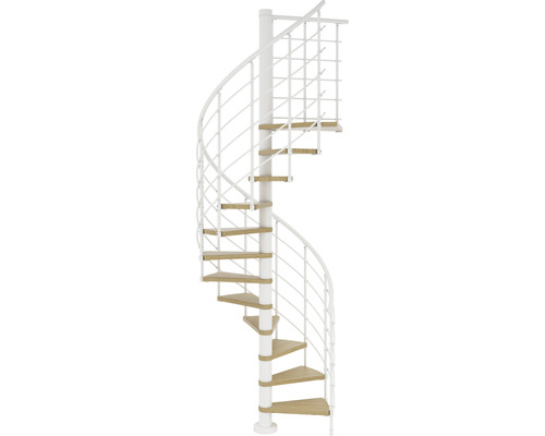 Escalier en colimaçon Pertura Koralia chêne bois lamellé-collé Ø 140 cm blanc 13 marches 14 pas de marche Escalier en colimaçon avec marches en bois et rampe blanche